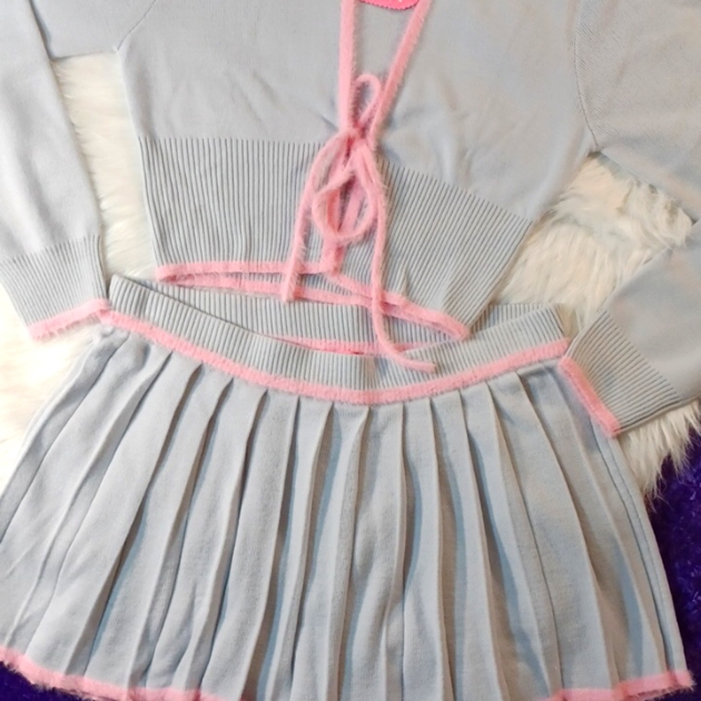 DOLLSKILL SUGAR THRILLZ 1X CRYSTAL QUIET SKIRT SET GRAY/PINK TRIM SOFT KNIT - Picture 5 of 17